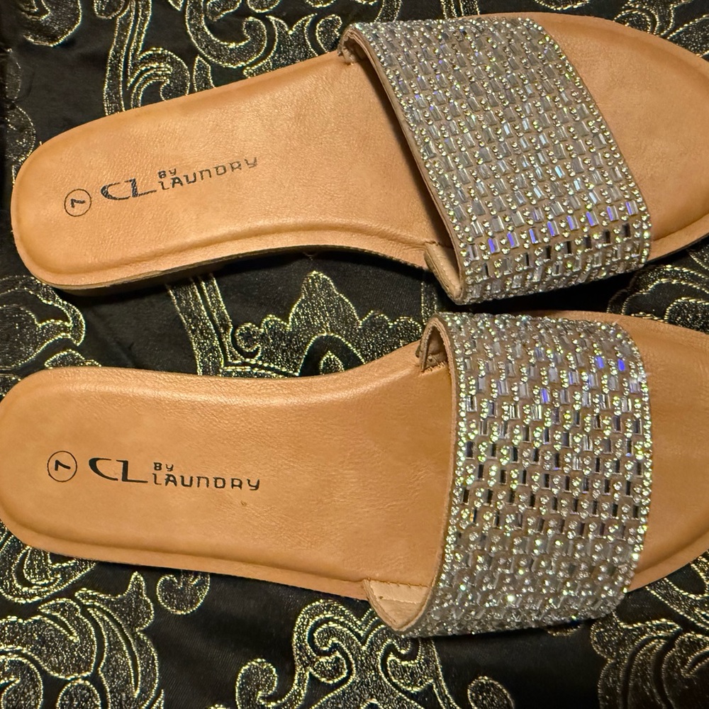 CL by Laundry Tan Slide Sandals with Rhinestone-Embellished Strap